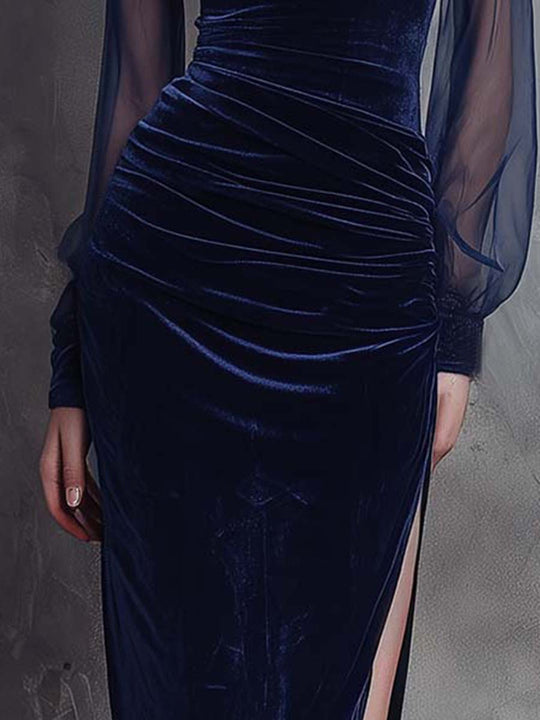 Velvet Midi Dress With Sheer Sleeves