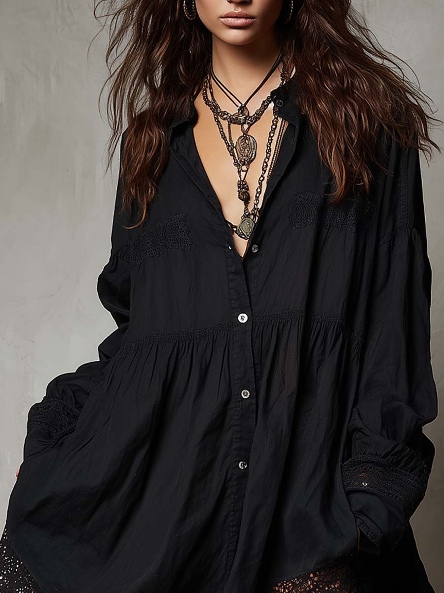 Retro Loose-fitting Lace Details Mini Dress