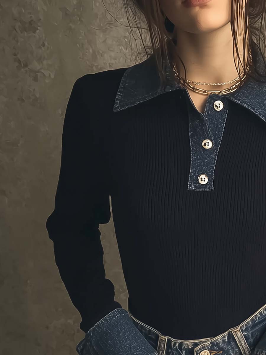 Retro Denim Collar Knit Polo Shirt