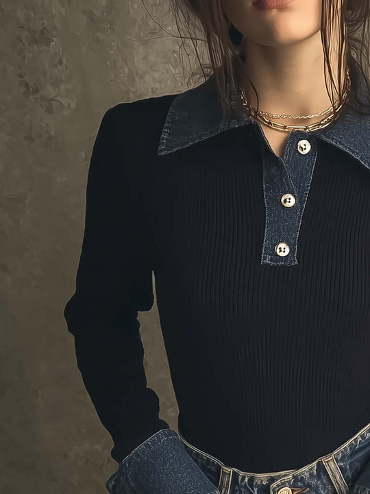 Retro Denim Collar Knit Polo Shirt