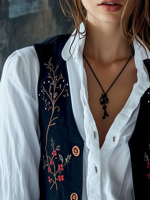 V-neck Floral Embroidery Button Down Vest