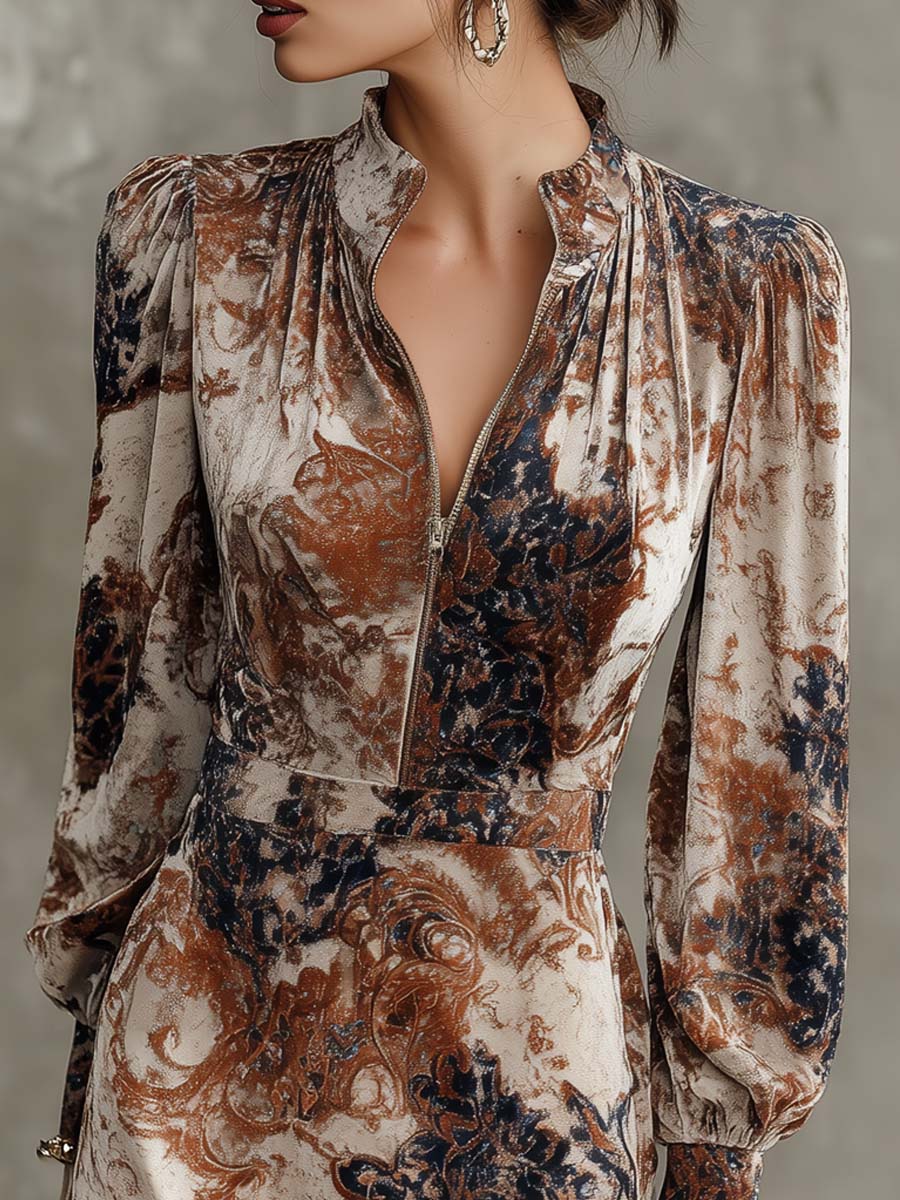 Retro Zip-up Collar Baroque Polyester Velvet Midi Dress