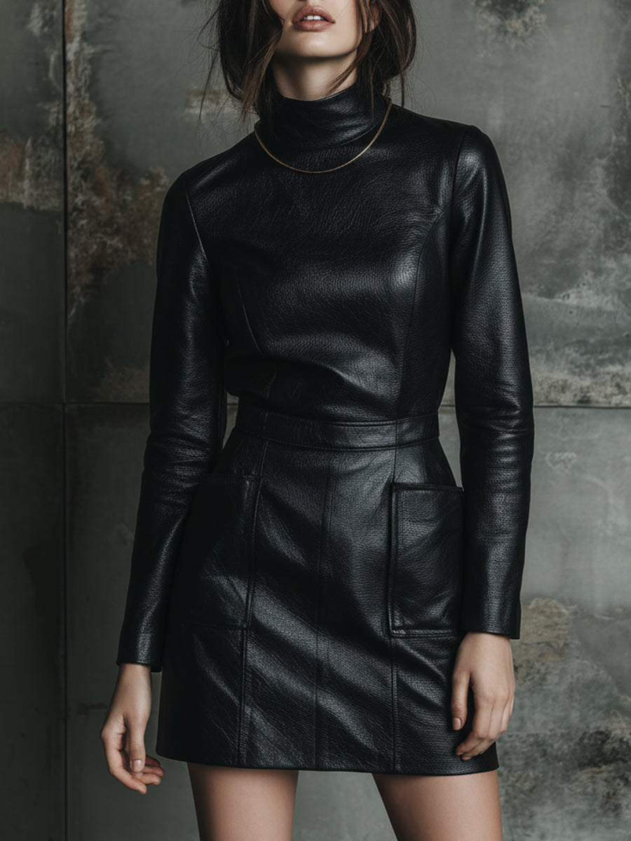 Retro Eco-friendly Leather Stand-up Collar Patch Pocket Mini Dress