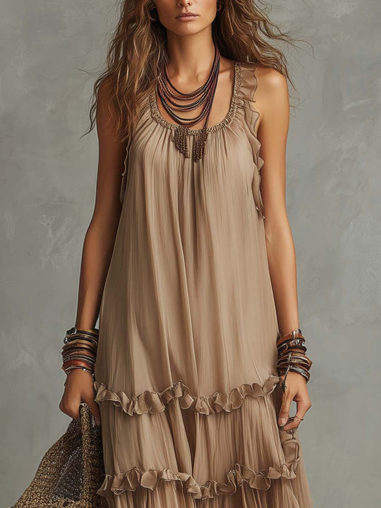 Boho Vintage Taupe Ruffle Tiered Maxi Dress