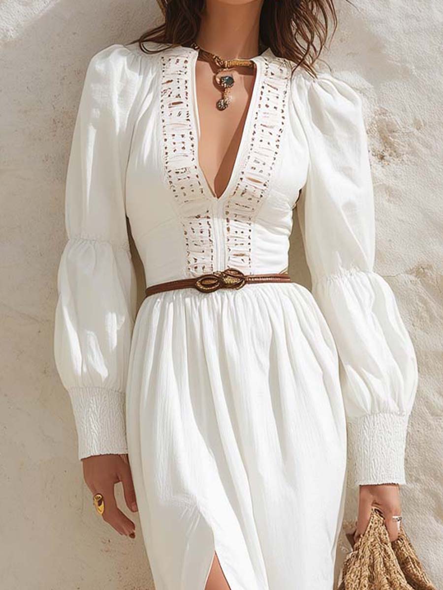 Embroidered Neckline Long-Sleeve Midi Dress