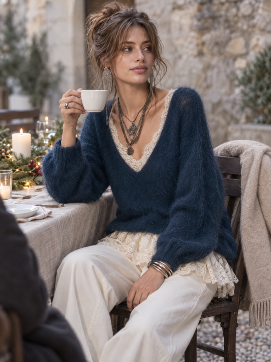 Refined Mohair Top Featuring A Faux-layered Design With Lace Trim.