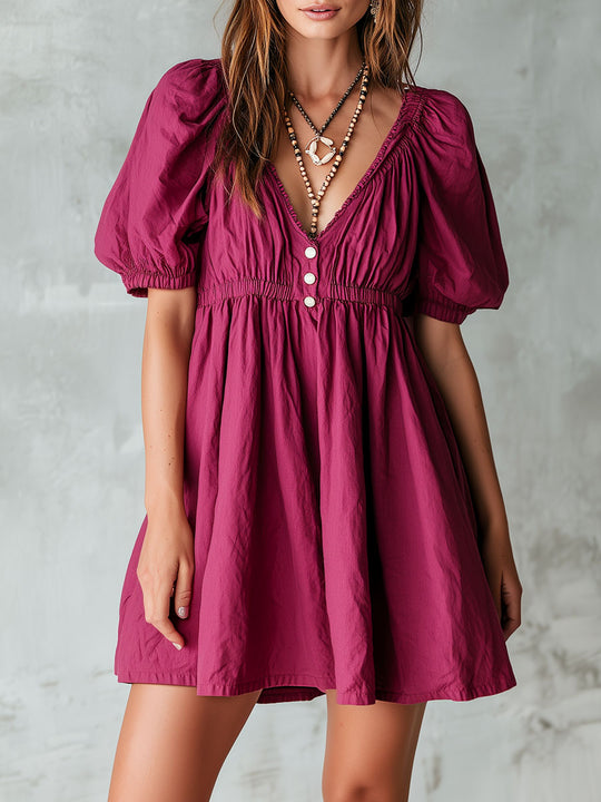 Boho Fuchsia Puff Short Sleeve V-Neck Ruffled Mini Dress
