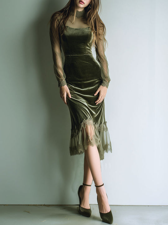 Elegant Sheer Long Sleeves Olive Velvet Midi Dress With Lace-Trim