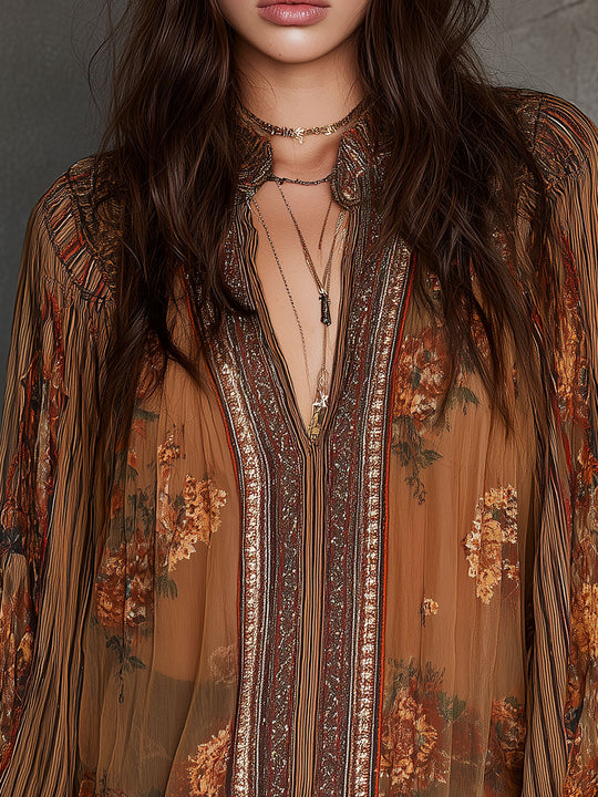 Vintage Boho Sheer Floral Blouse With Billowy Sleeves
