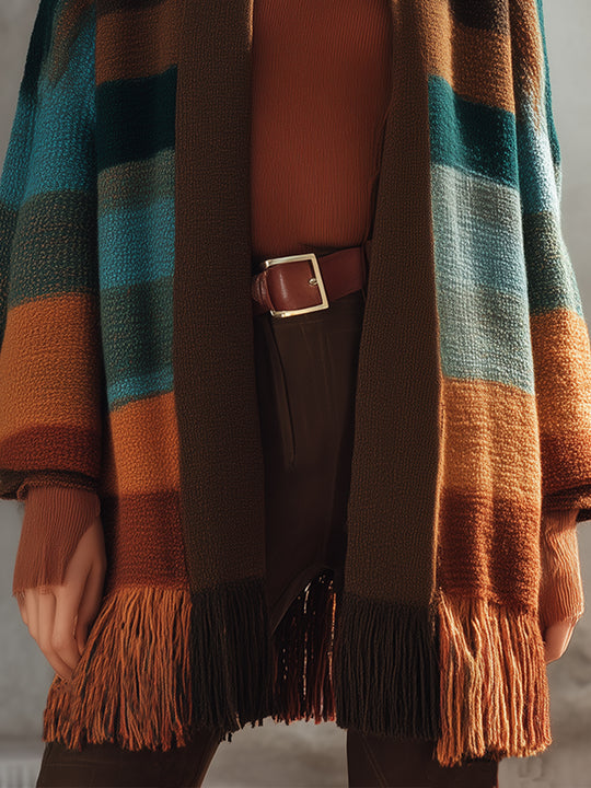 Bohemian Colorful Striped Knitted Fringed Hem Cardigan