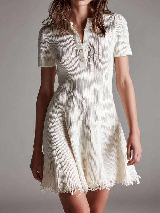 Quiet Luxury Ivory Knit Polo Mini Dress With Fringed Hem