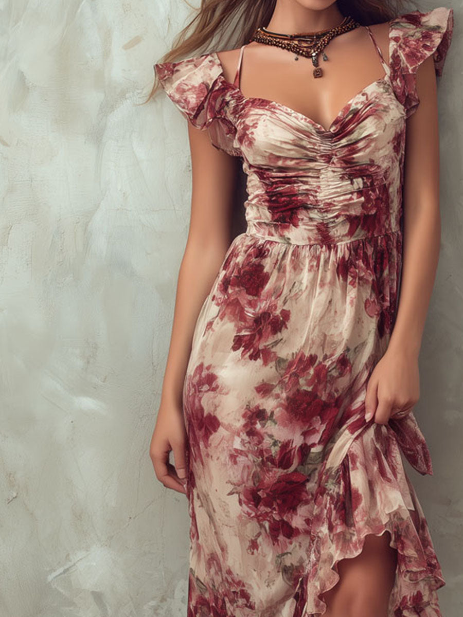 Boho Ruffled Floral Asymmetrical Hem Midi Dress