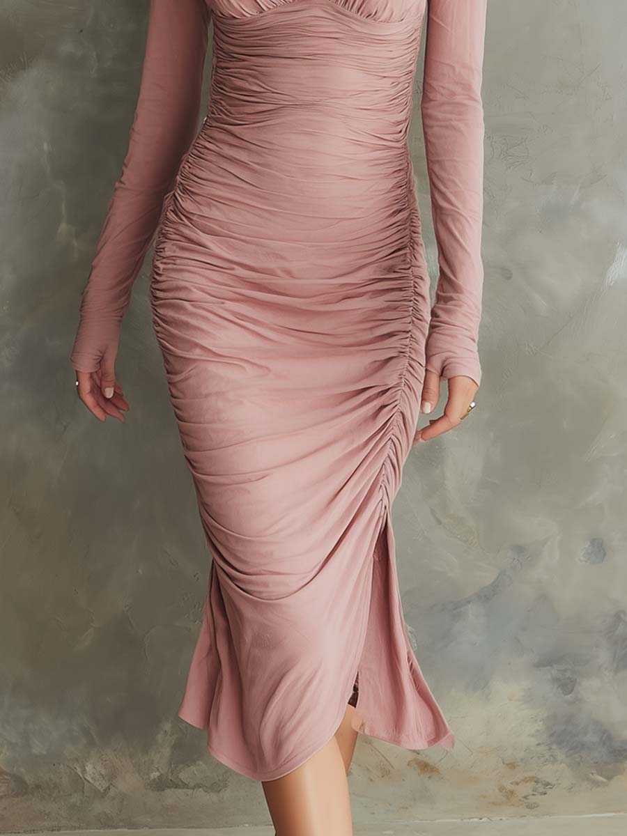 Retro Pleated Contrast Halter Neck Midi Dress