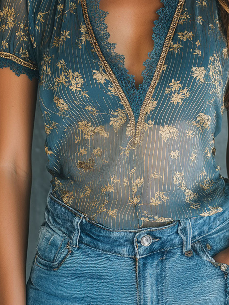 Boho Teal Floral Print And Gold Stripes Lace-Trim Blouse
