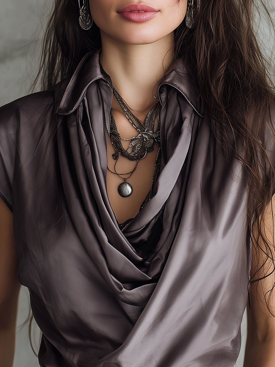 Retro Cowl Collar Sleeveless Satin Blouse