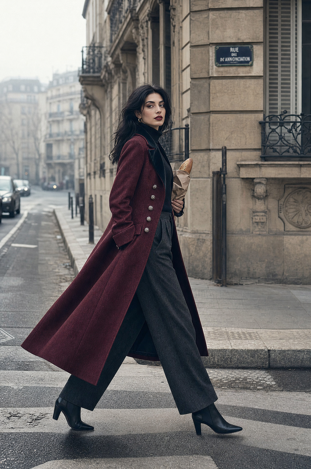 Quiet Luxury Velvet-Collar Double-Breasted Slim-Fit Mid-Length Wool Coat