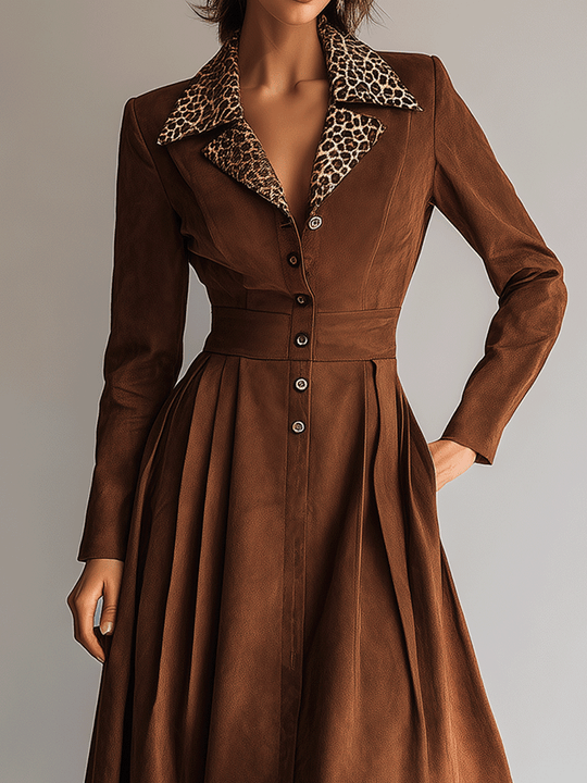 Elegant Retro Waist-Cinched Caramel Midi Dress