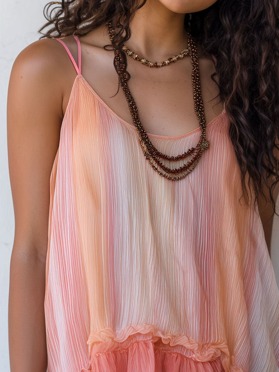 Boho Coral Sunrise Pleated Chiffon Cami Top With Ruffled Hem