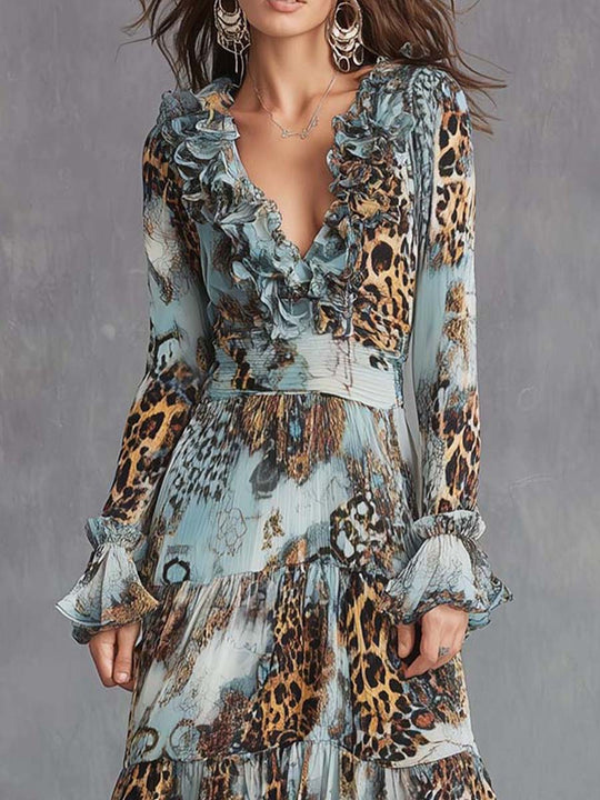 Ruffled V Leopard Patchwork Chiffon Maxi Dress