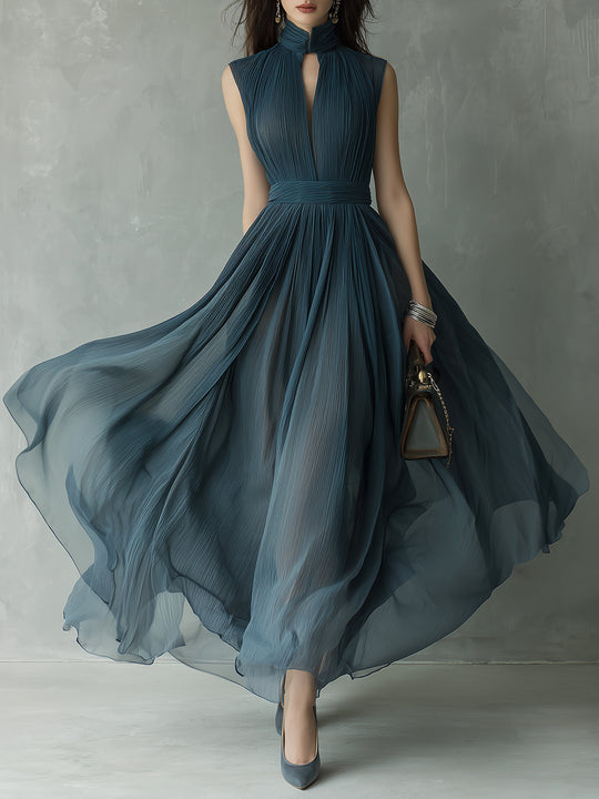 Retro Pleated Chiffon Keyhole Collar Maxi Dress