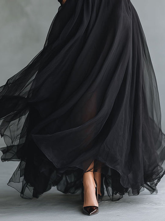 Elegant Black Tulle Flowing Maxi Dress Patchwork Fitted Knit Turtleneck Top