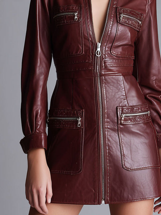 Chic Burgundy Eco Leather Zip-Front Utility Mini Dress