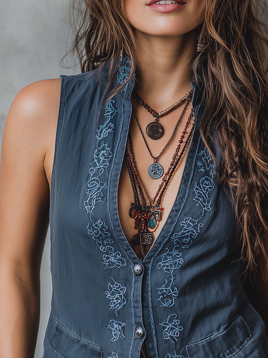 Retro Cotton Linen Embroidered Trim Vest