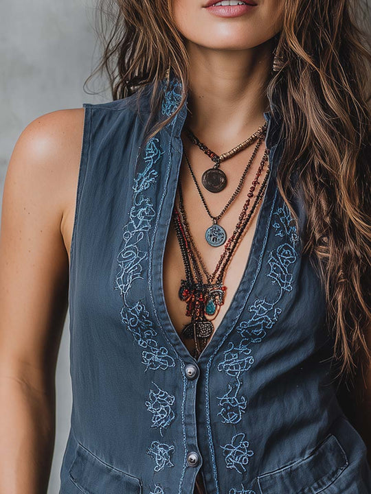 Retro Cotton Linen Embroidered Trim Vest