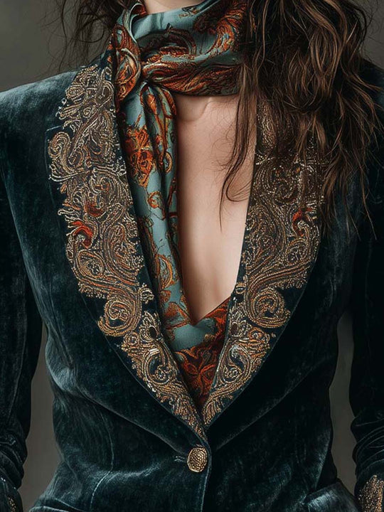 Velvet Blazer With Intricate Embroidered Lapels