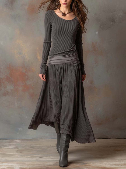 Vintage Ribbed Knit Maxi Dress In Charcoal Gray
