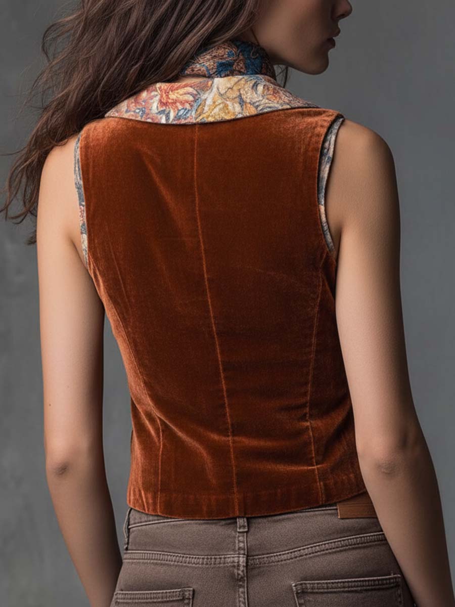 Vintage-style Printed Collar Velvet Vest