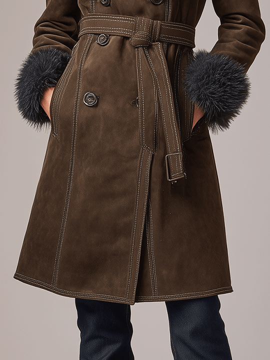 Elegant Bohemian-Style Coffee-Colored Faux Suede Warm Coat