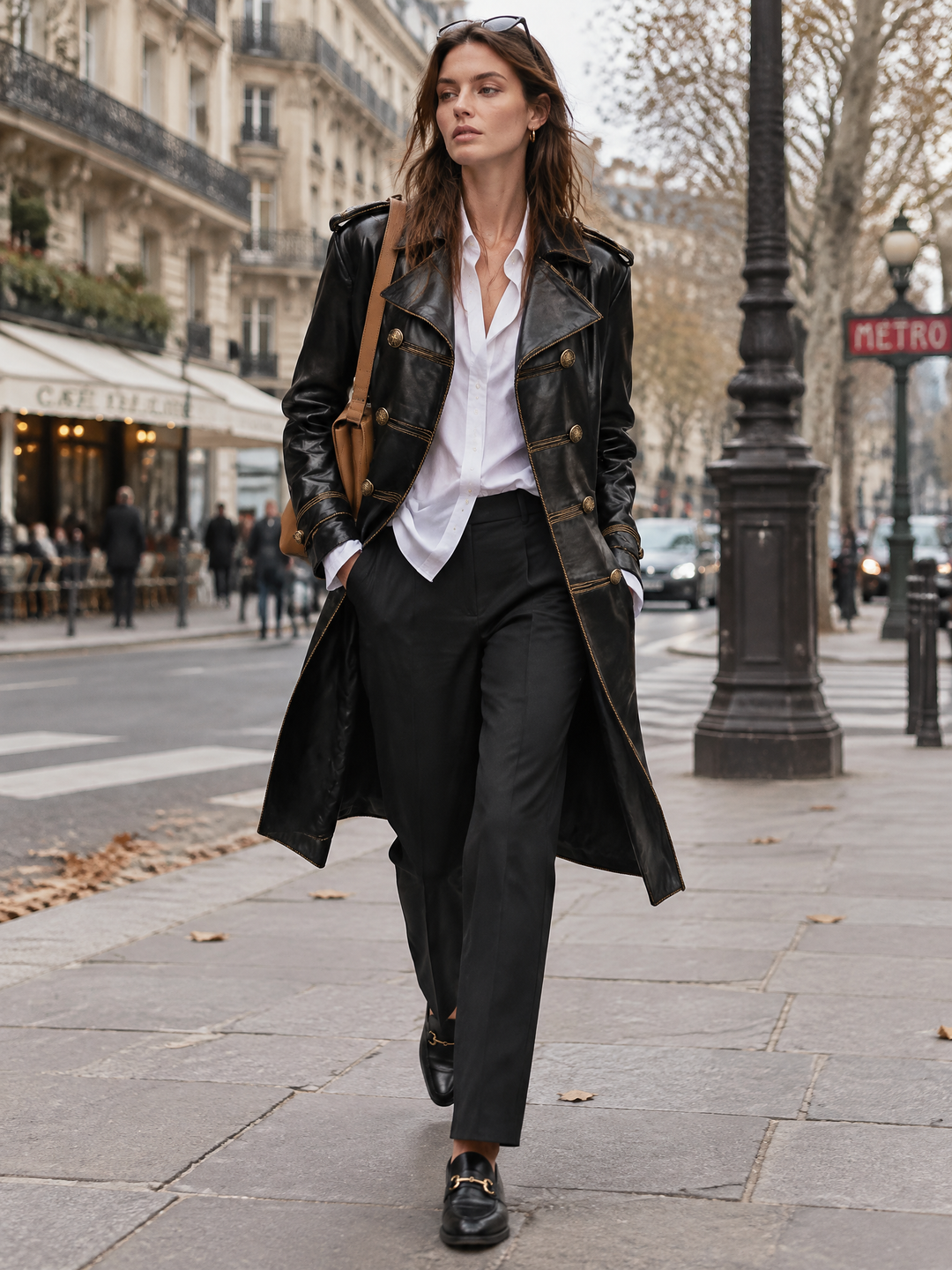 Women's Black Faux Leather Military Midi Coat with Gold Double-Breasted