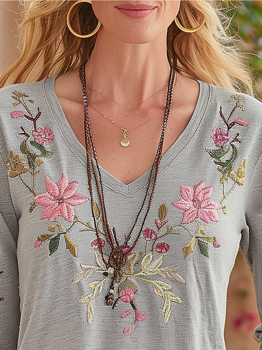 Elegant Floral Embroidery V-neck Long Sleeves T-shirt