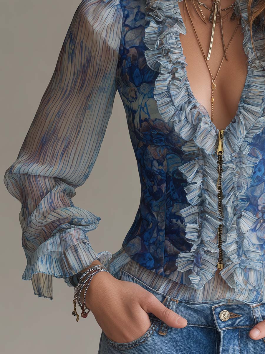 Printed Chiffon Ruffle-Trim Corset Top