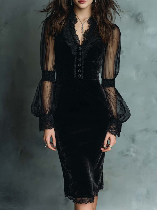 Vintage Lace Trim Sheer Sleeves Polyester Velvet Midi Dress