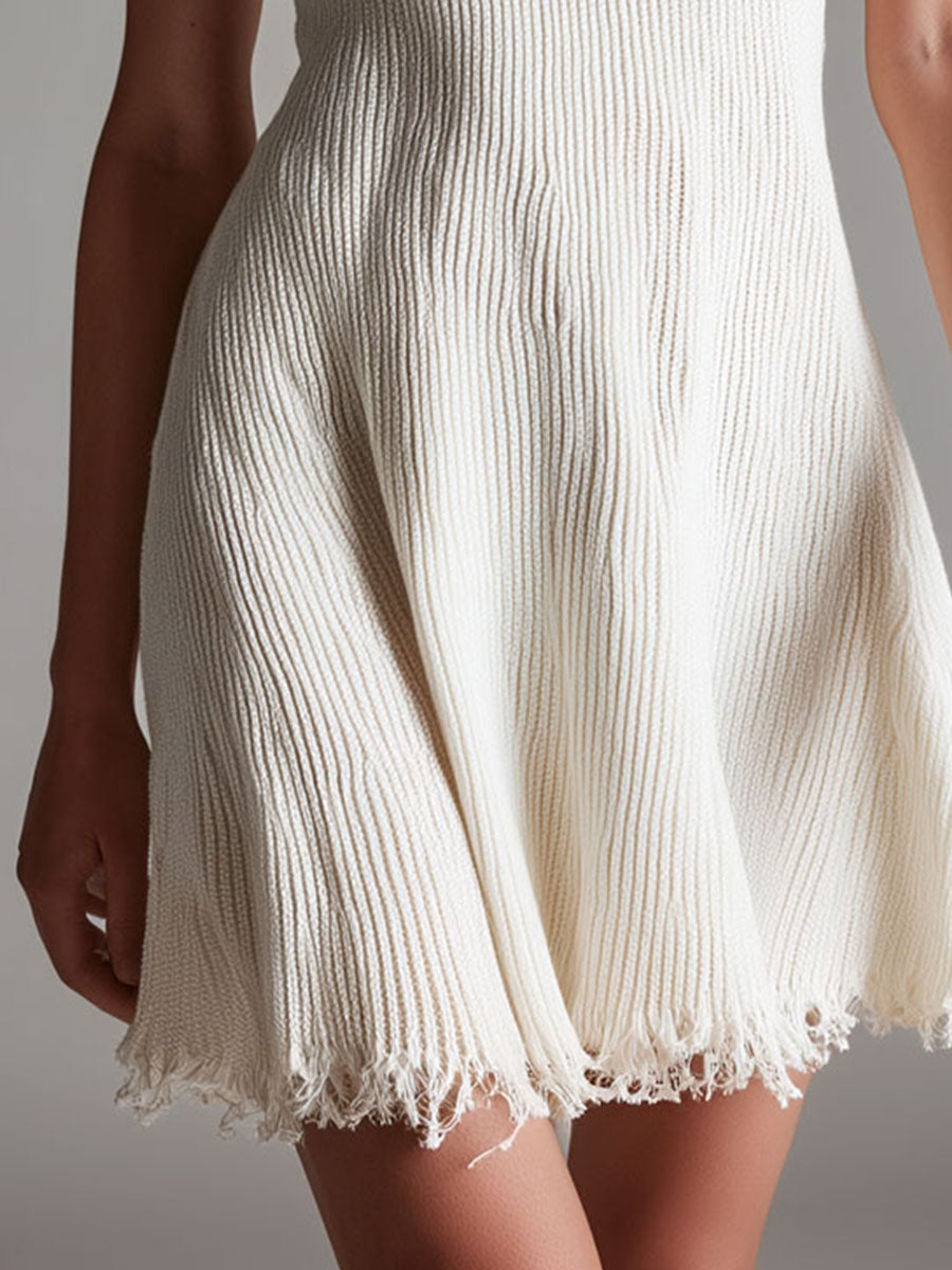 Quiet Luxury Ivory Knit Polo Mini Dress With Fringed Hem