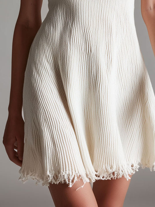 Quiet Luxury Ivory Knit Polo Mini Dress With Fringed Hem