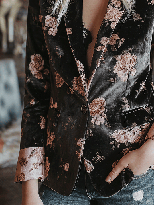 Romantic Retro Bohemian Style Velvet Rose Blazer