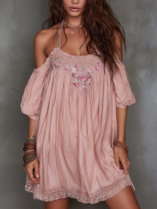 Romantic Vintage Embroidered Off-Shoulder Mini Dress