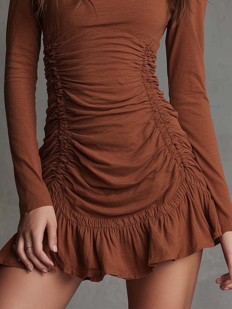 Ruched Long-Sleeve Pure Cotton Mini Dress