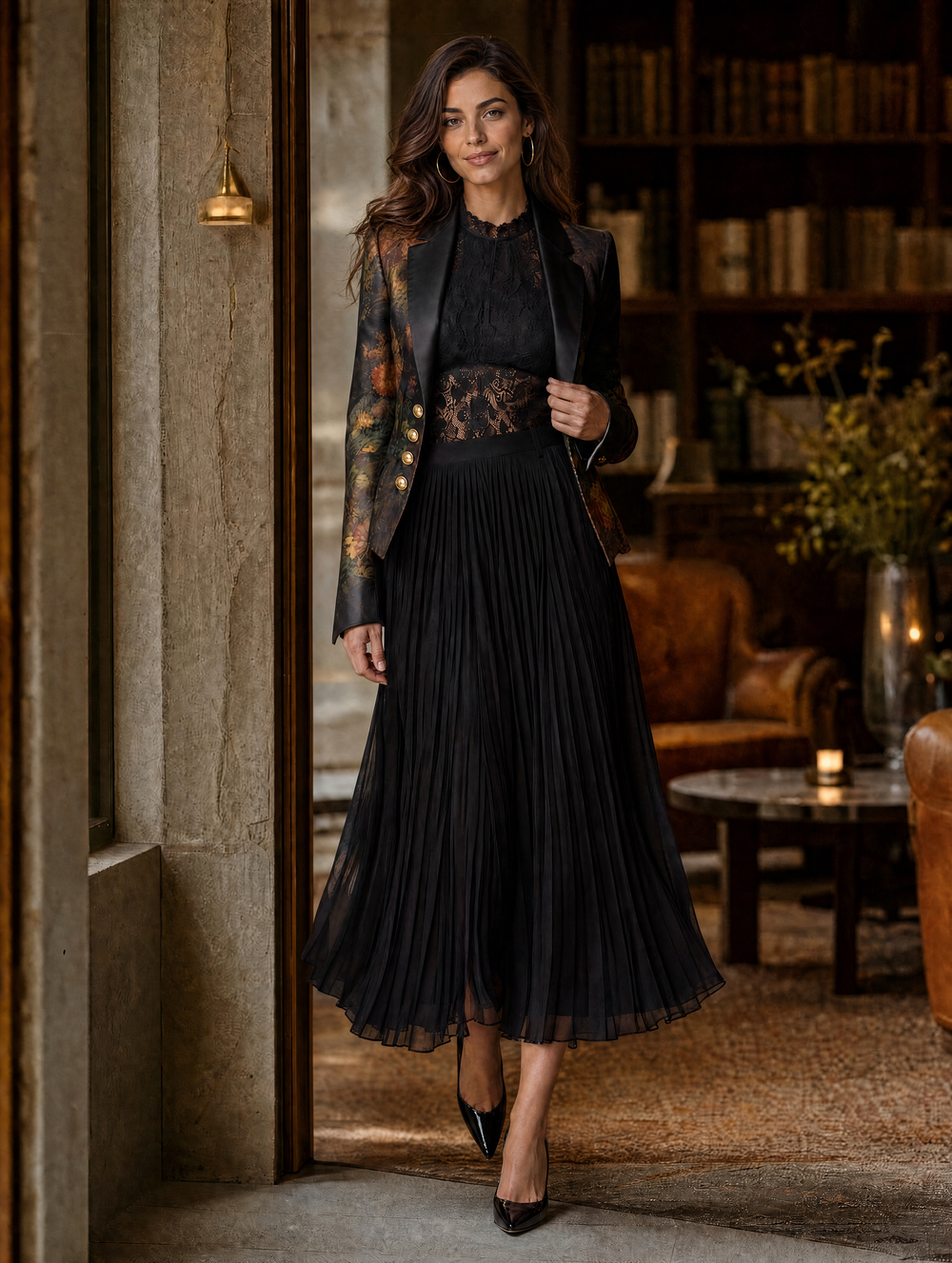 Elegant Oil Painting-style Floral Print Fitted Satin Blazer