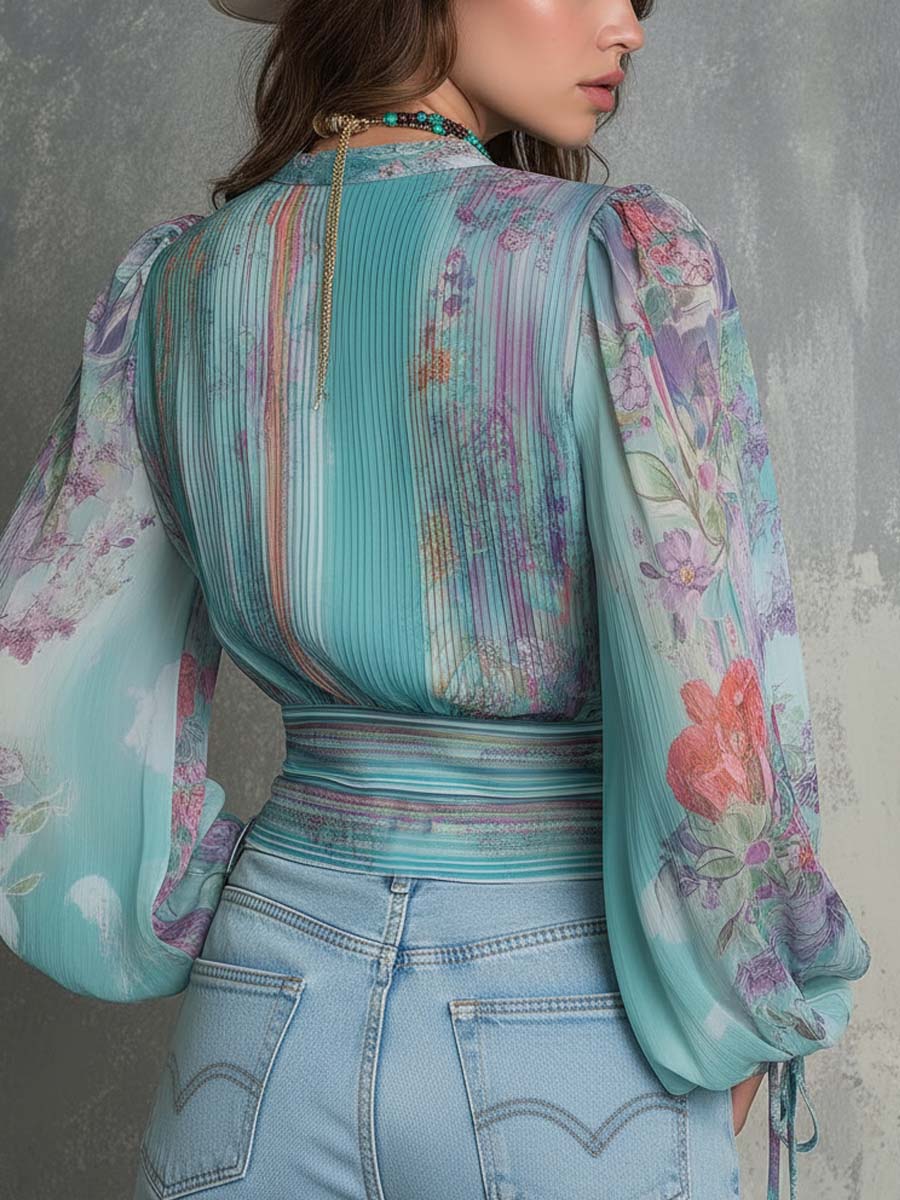 Bohemian Vintage Pleated Chiffon Wrap Blouse