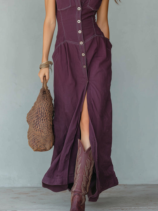 Boho Washed Denim Patch Pocket Maxi Dress