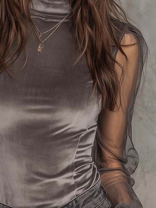 Velvet Mesh Panel High-Neck Top – Graphite Grey