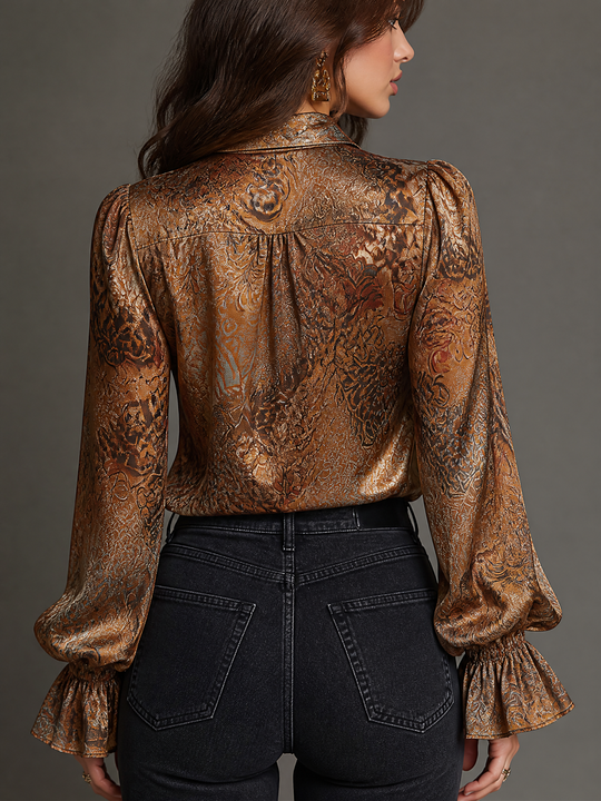 Vintage Paisley Print Satin Ruffled V-neck Blouse