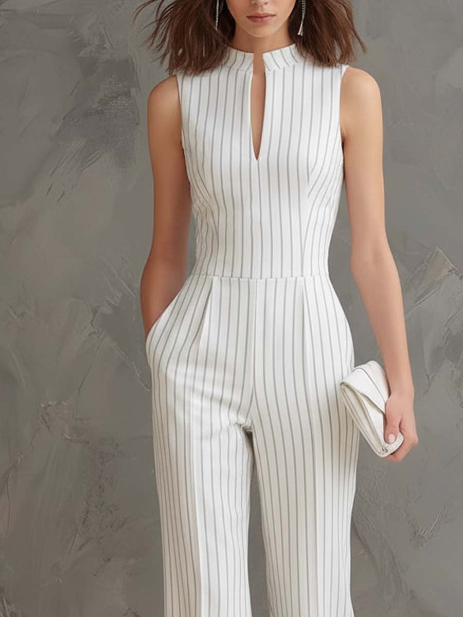 Retro Business Stand-up V-neck Striped Jumpsuit