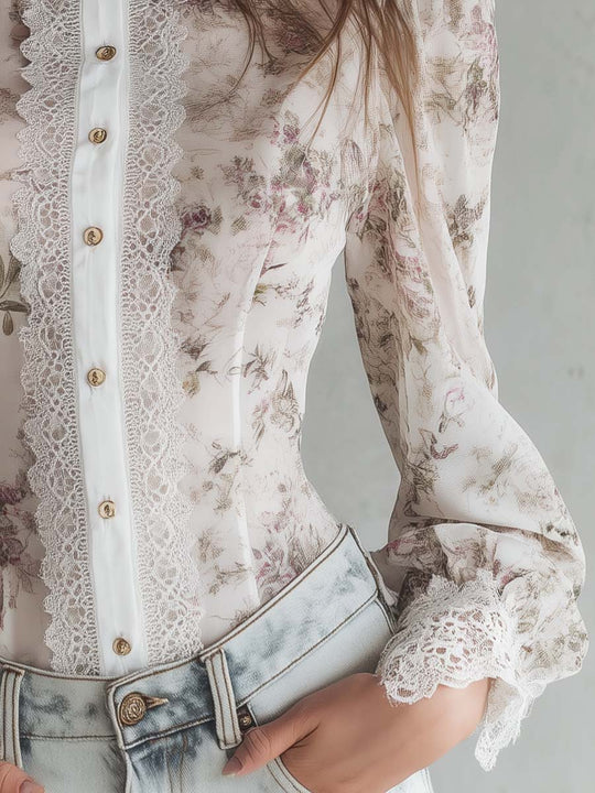 Victorian Style Floral Chiffon Blouse