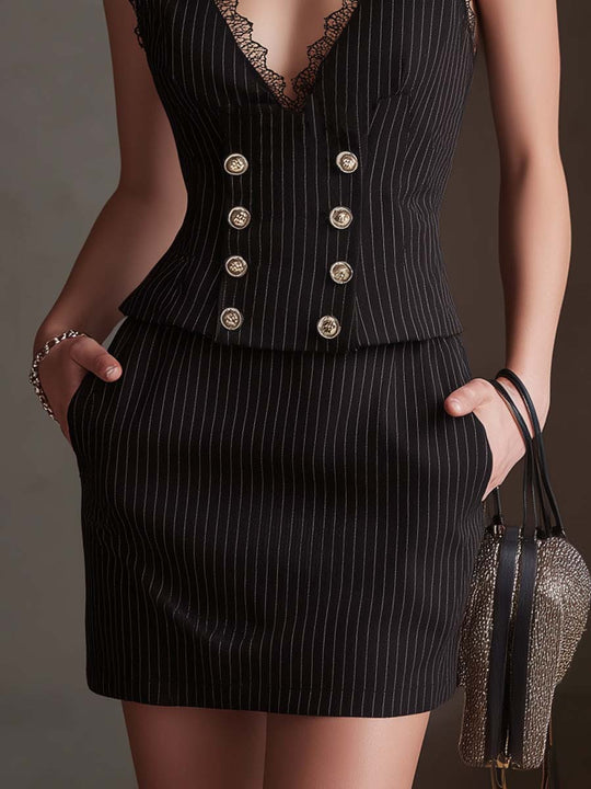 Vintage Lace-collar Striped Vest And Skirt Set