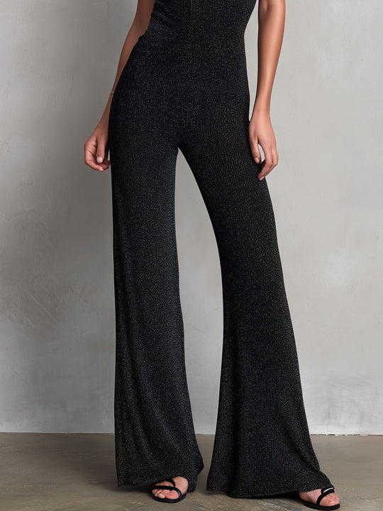 Chic Black Metallic Halter Keyhole Front Wide-Leg Jumpsuit